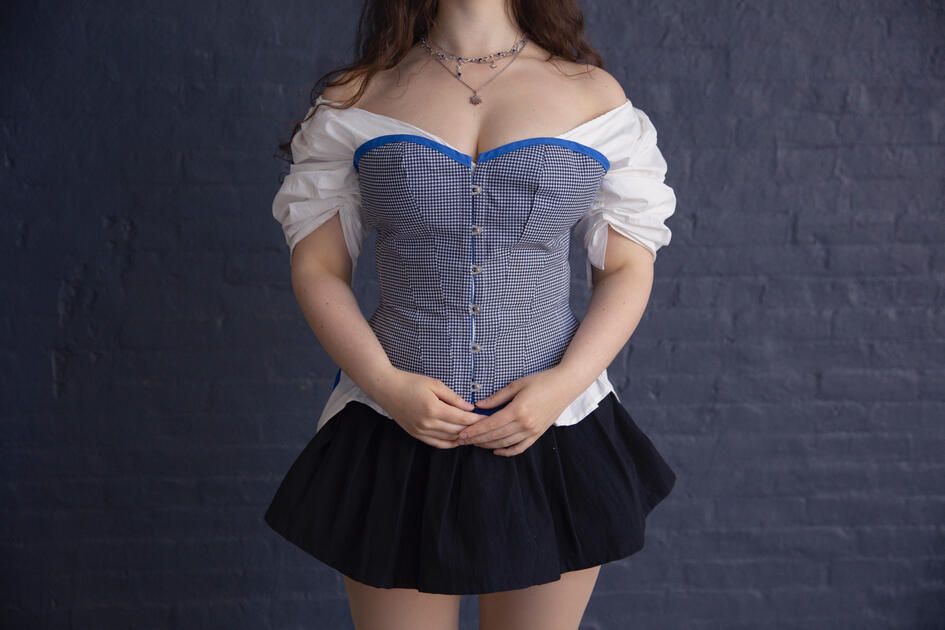 Houndstooth corset made from canvas with a cotton lining, styled with altered dress shirt